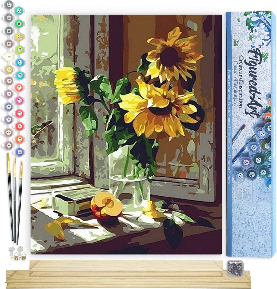 FiguredArt Schilderen op Nummer Volwassenen canvas Zonnebloemen en appel voor het raam - Handwerk acrylverf Kit DIY Compleet - 40x50cm met DIY houten lijst